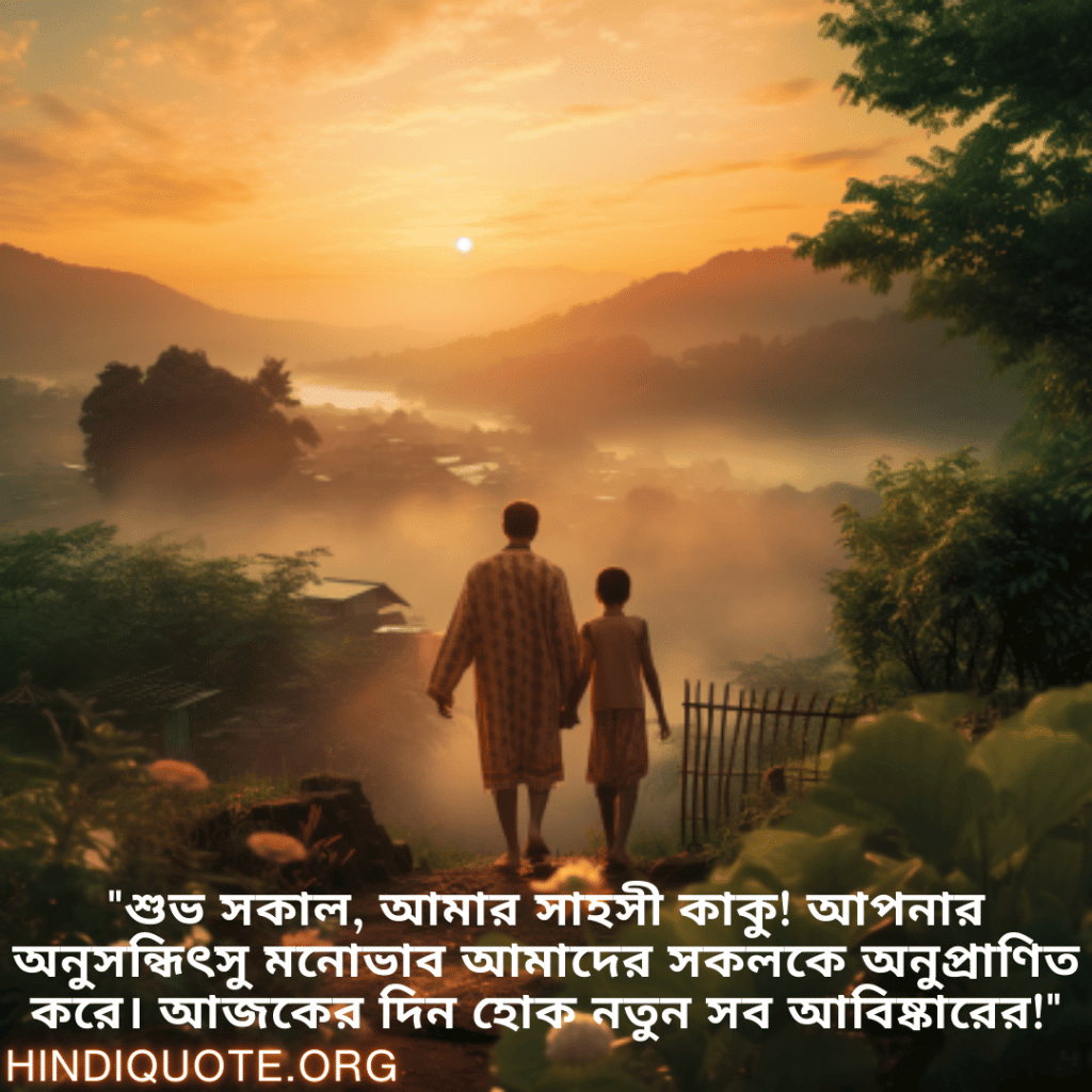 Good morning Wishes In Bengali For Your Uncle "শুভ সকাল, আমার সাহসী কাকু! আপনার অনুসন্ধিৎসু মনোভাব আমাদের সকলকে অনুপ্রাণিত করে। আজকের দিন হোক নতুন সব আবিষ্কারের!"