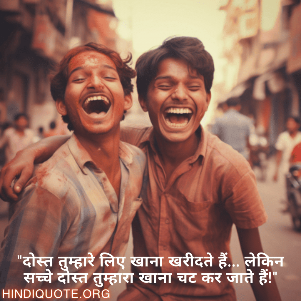 Funny Shayaris For Friends "दोस्त तुम्हारे लिए खाना खरीदते हैं… लेकिन सच्चे दोस्त तुम्हारा खाना चट कर जाते हैं!"