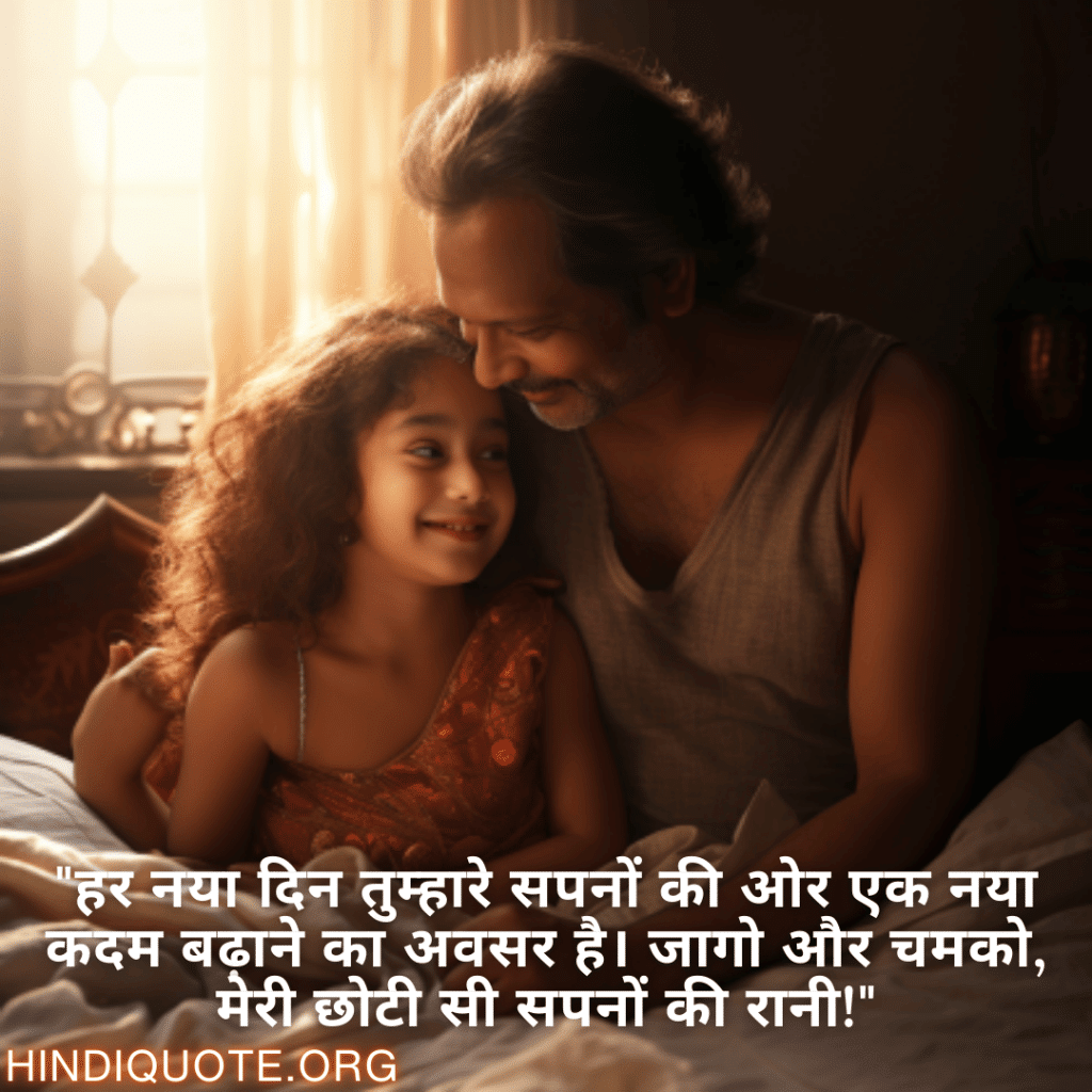 Good morning Wishes In Hindi For Your Daughter "शुभ प्रभात, मेरी प्यारी बेटी! तुम्हारा दिन तुम्हारी मुस्कान की तरह उज्ज्वल और खूबसूरत हो।"