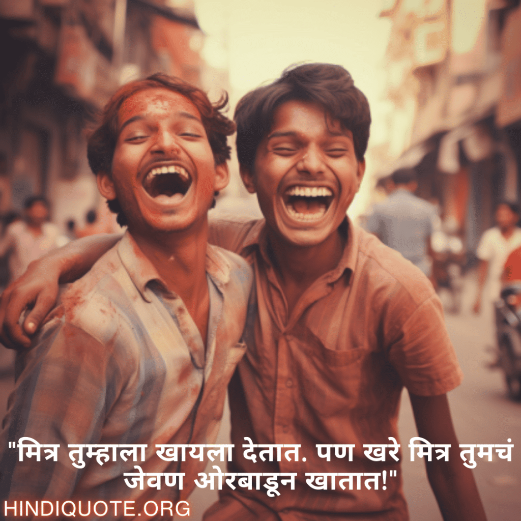 Funny Quotes In Marathi For Friends "मित्र तुम्हाला खायला देतात. पण खरे मित्र तुमचं जेवण ओरबाडून खातात!"