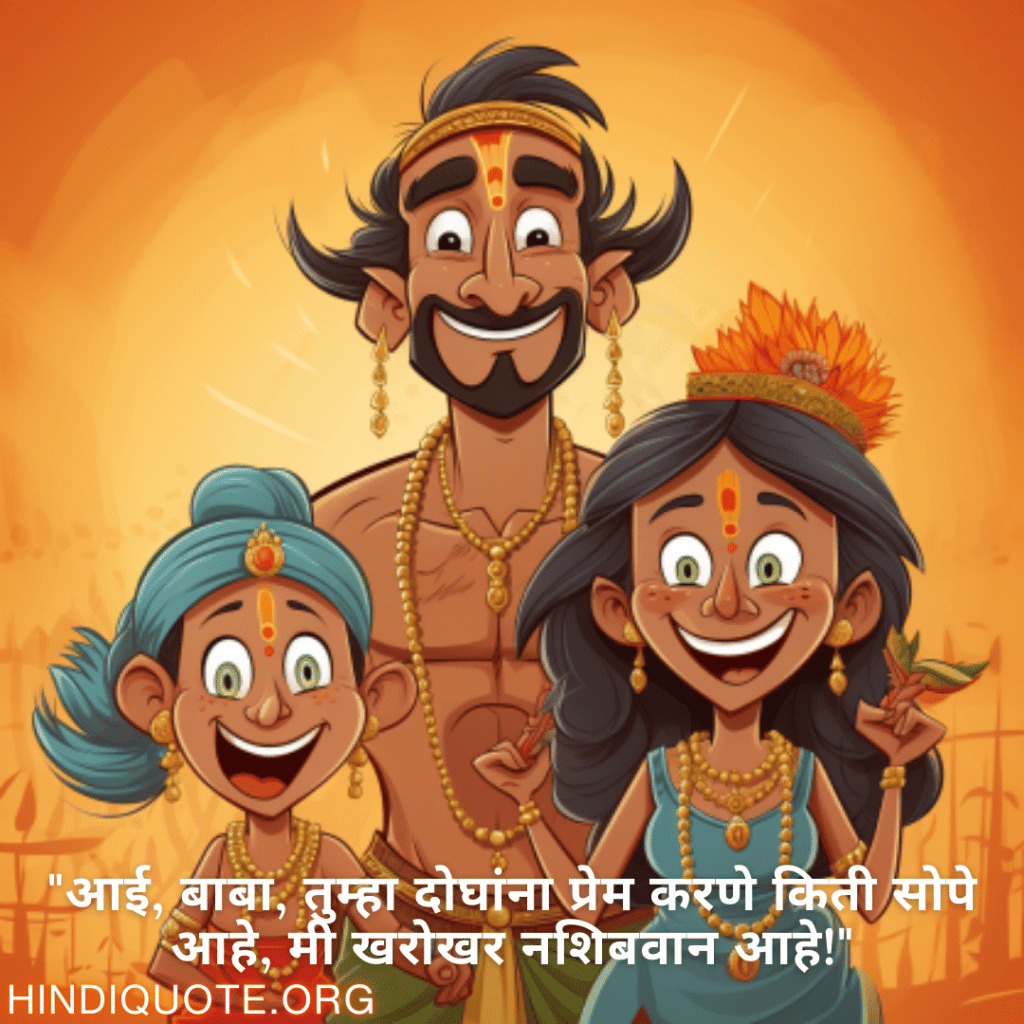 Funny Quotes In Marathi For Your Parents "आई, बाबा, तुम्हा दोघांना प्रेम करणे किती सोपे आहे, मी खरोखर नशिबवान आहे!"