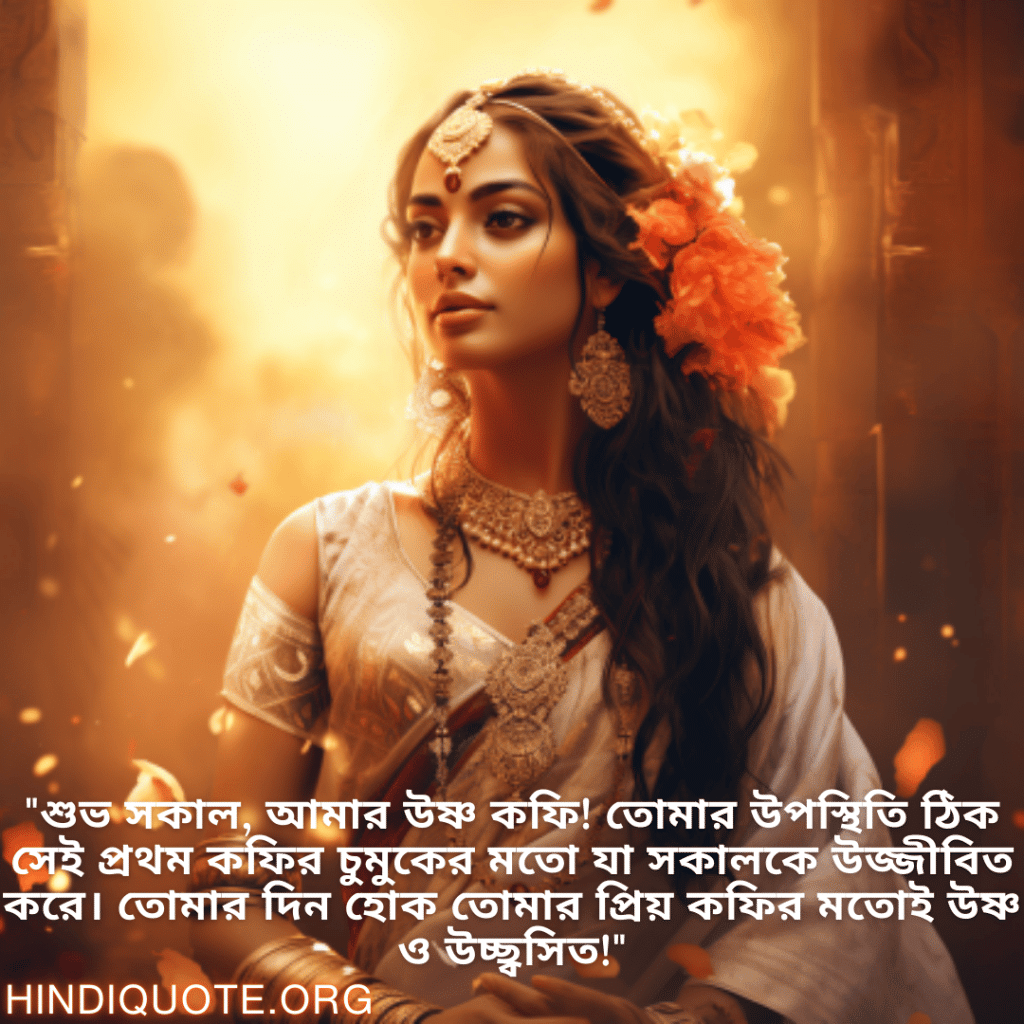 Good morning Wishes In Bengali For Your Crush "শুভ সকাল, আমার উষ্ণ কফি! তোমার উপস্থিতি ঠিক সেই প্রথম কফির চুমুকের মতো যা সকালকে উজ্জীবিত করে। তোমার দিন হোক তোমার প্রিয় কফির মতোই উষ্ণ ও উচ্ছ্বসিত!"