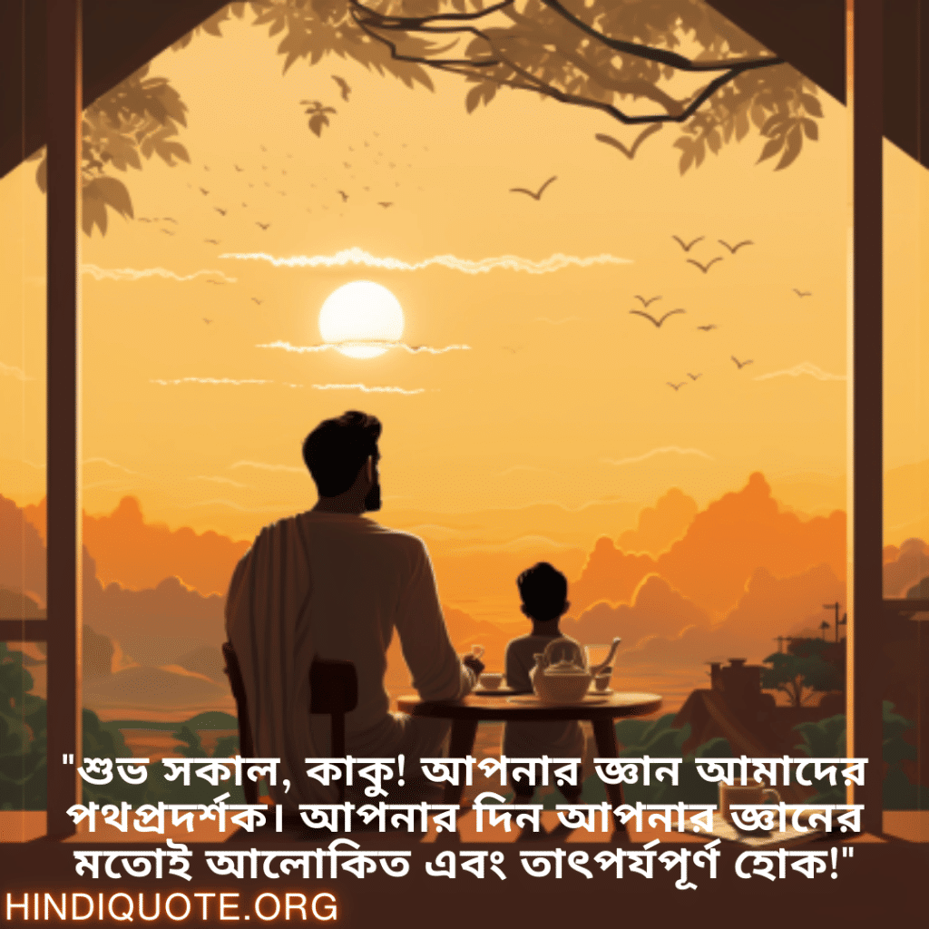 Good morning Wishes In Bengali For Your Uncle "শুভ সকাল, কাকু! আপনার জ্ঞান আমাদের পথপ্রদর্শক। আপনার দিন আপনার জ্ঞানের মতোই আলোকিত এবং তাৎপর্যপূর্ণ হোক!"