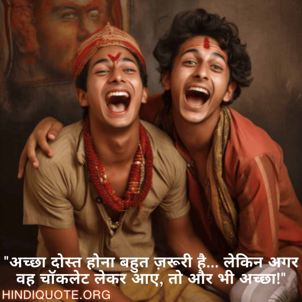 Funny Shayaris For Friends "अच्छा दोस्त होना बहुत ज़रूरी है… लेकिन अगर वह चॉकलेट लेकर आए, तो और भी अच्छा!"