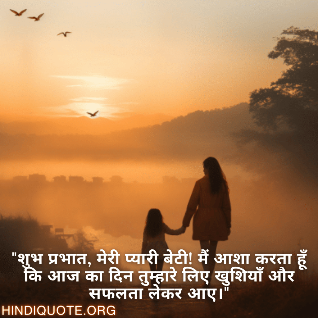 Good morning Wishes In Hindi For Your Daughter "शुभ प्रभात, मेरी प्यारी बेटी! मैं आशा करता हूँ कि आज का दिन तुम्हारे लिए खुशियाँ और सफलता लेकर आए।"