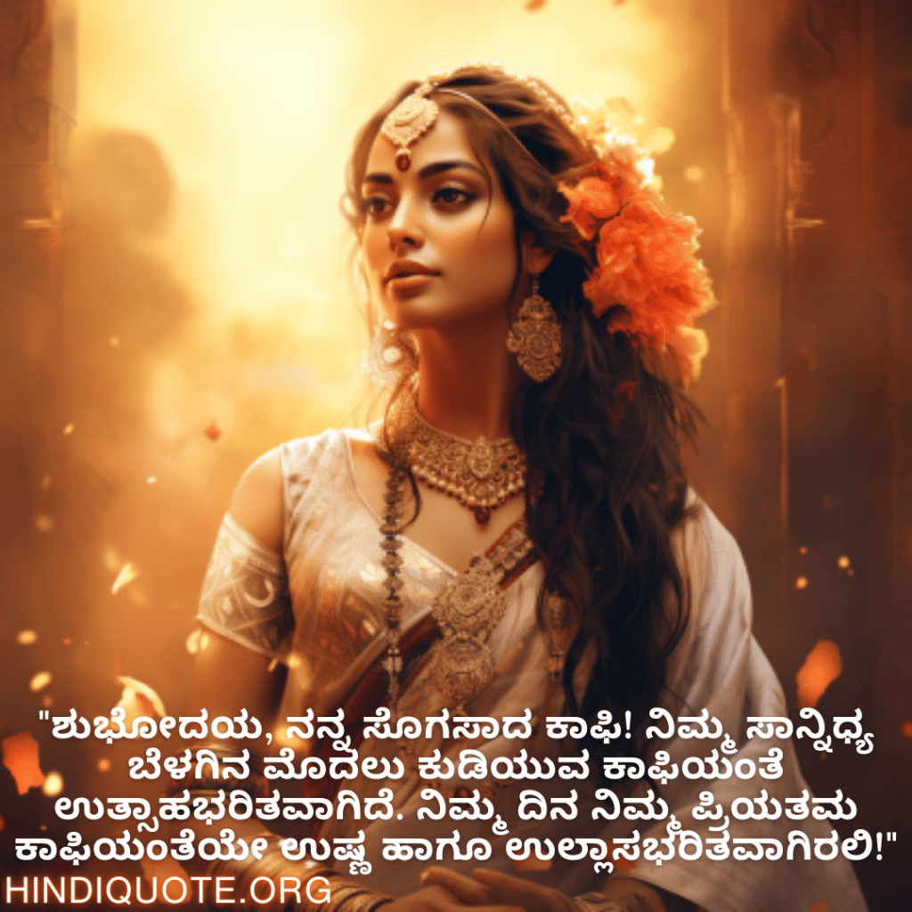 Good morning Wishes In Kannada For Your Crush "ಶುಭೋದಯ, ನನ್ನ ಸೊಗಸಾದ ಕಾಫಿ! ನಿಮ್ಮ ಸಾನ್ನಿಧ್ಯ ಬೆಳಗಿನ ಮೊದಲು ಕುಡಿಯುವ ಕಾಫಿಯಂತೆ ಉತ್ಸಾಹಭರಿತವಾಗಿದೆ. ನಿಮ್ಮ ದಿನ ನಿಮ್ಮ ಪ್ರಿಯತಮ ಕಾಫಿಯಂತೆಯೇ ಉಷ್ಣ ಹಾಗೂ ಉಲ್ಲಾಸಭರಿತವಾಗಿರಲಿ!"