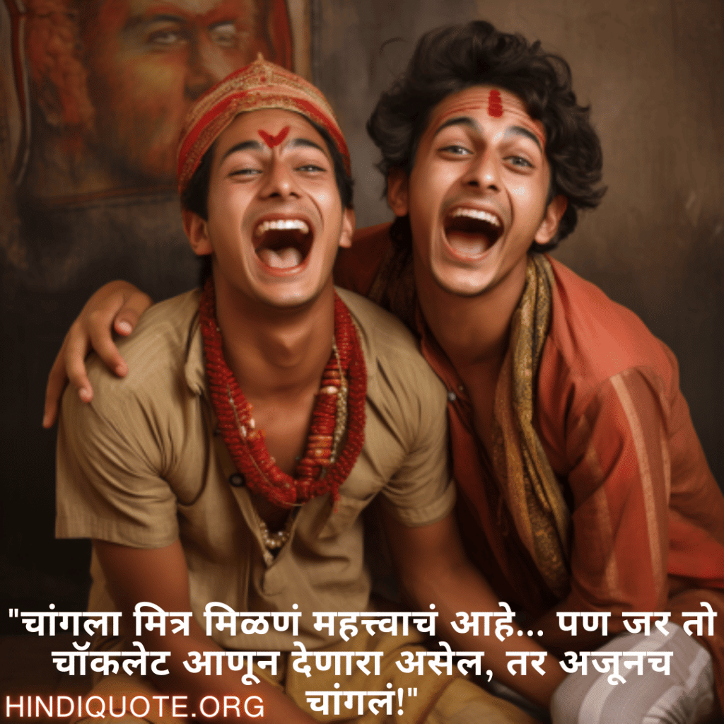 Funny Quotes In Marathi For Friends "चांगला मित्र मिळणं महत्त्वाचं आहे… पण जर तो चॉकलेट आणून देणारा असेल, तर अजूनच चांगलं!"