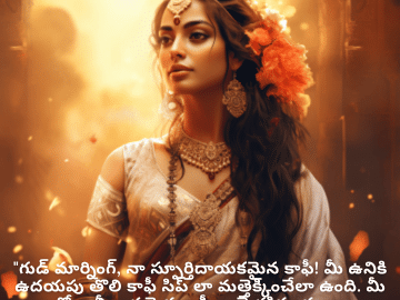 Good morning Wishes In Telugu For Your Crush "గుడ్ మార్నింగ్, నా స్పూర్తిదాయకమైన కాఫీ! మీ ఉనికి ఉదయపు తొలి కాఫీ సిప్ లా మత్తెక్కించేలా ఉంది. మీ రోజు మీ ఇష్టమైన కాఫీ లానే శక్తివంతంగా, ఉల్లాసభరితంగా ఉండాలి!"