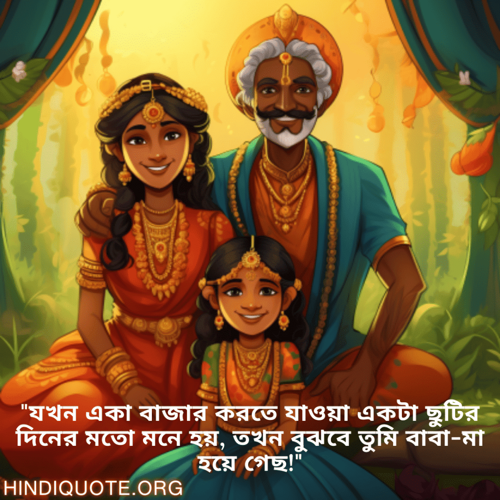 Funny Quotes In Bengali For Your Parents "যখন একা বাজার করতে যাওয়া একটা ছুটির দিনের মতো মনে হয়, তখন বুঝবে তুমি বাবা-মা হয়ে গেছ!"
