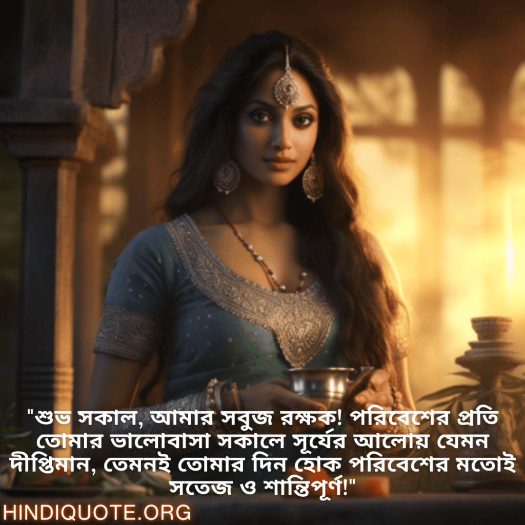 Good morning Wishes In Bengali For Your Crush "শুভ সকাল, আমার সবুজ রক্ষক! পরিবেশের প্রতি তোমার ভালোবাসা সকালে সূর্যের আলোয় যেমন দীপ্তিমান, তেমনই তোমার দিন হোক পরিবেশের মতোই সতেজ ও শান্তিপূর্ণ!"