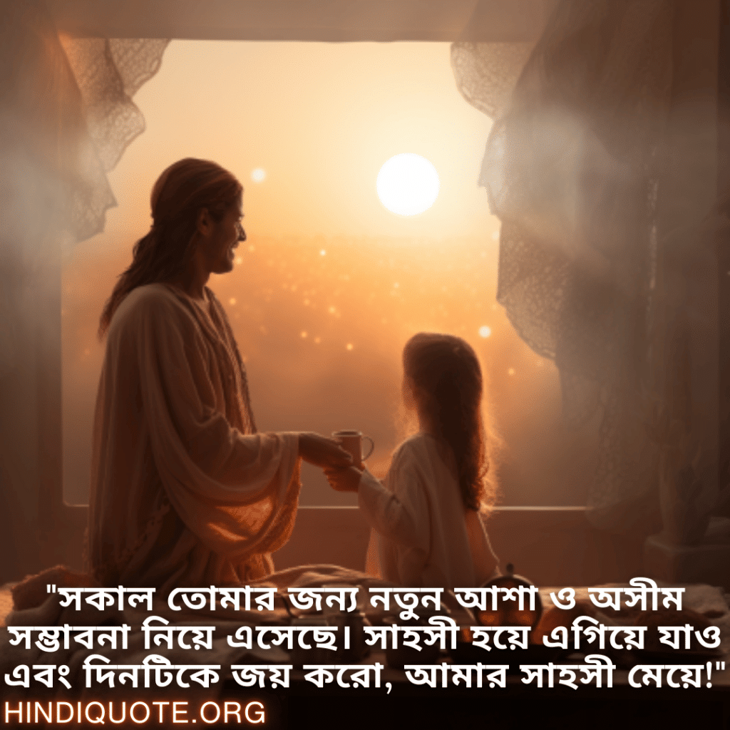 Good morning Wishes In Bengali For Your Daughter "সকাল তোমার জন্য নতুন আশা ও অসীম সম্ভাবনা নিয়ে এসেছে। সাহসী হয়ে এগিয়ে যাও এবং দিনটিকে জয় করো, আমার সাহসী মেয়ে!"