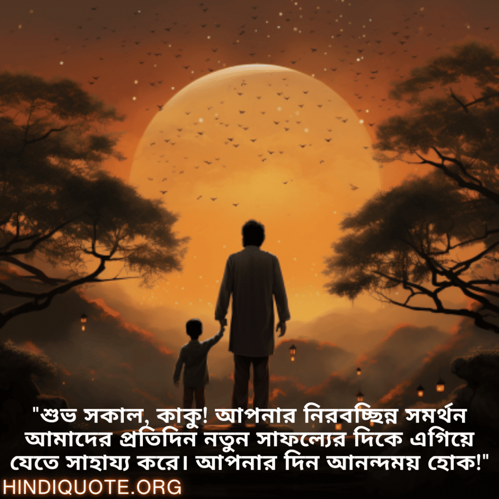 Good morning Wishes In Bengali For Your Uncle "শুভ সকাল, কাকু! আপনার নিরবচ্ছিন্ন সমর্থন আমাদের প্রতিদিন নতুন সাফল্যের দিকে এগিয়ে যেতে সাহায্য করে। আপনার দিন আনন্দময় হোক!"