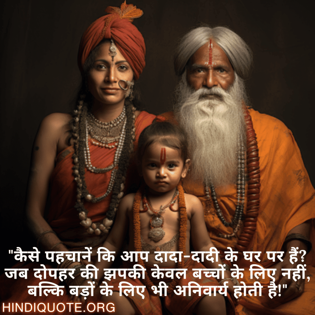 Funny Quotes In Hindi For Your Grandparents "कैसे पहचानें कि आप दादा-दादी के घर पर हैं? जब दोपहर की झपकी केवल बच्चों के लिए नहीं, बल्कि बड़ों के लिए भी अनिवार्य होती है!"