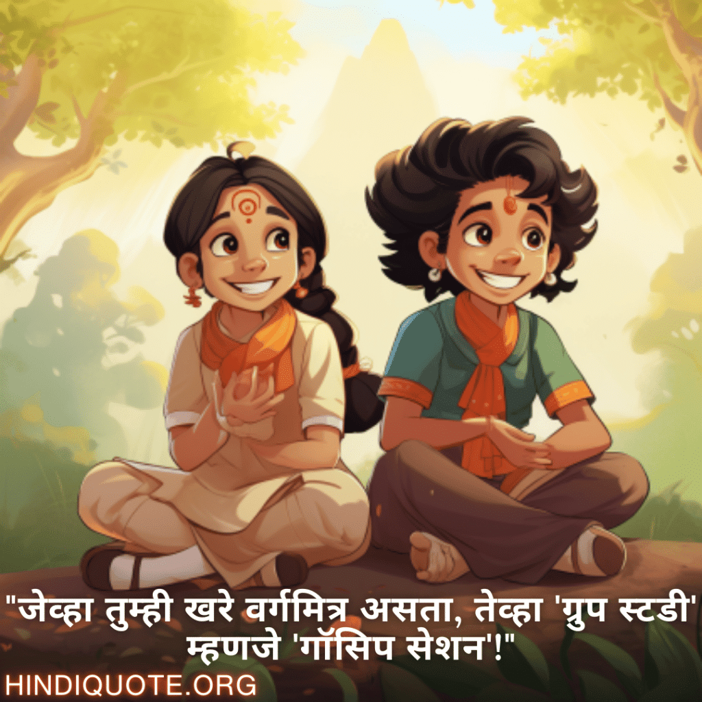 Funny Quotes In Marathi For Your Classmate "जेव्हा तुम्ही खरे वर्गमित्र असता, तेव्हा 'ग्रुप स्टडी' म्हणजे 'गॉसिप सेशन'!"