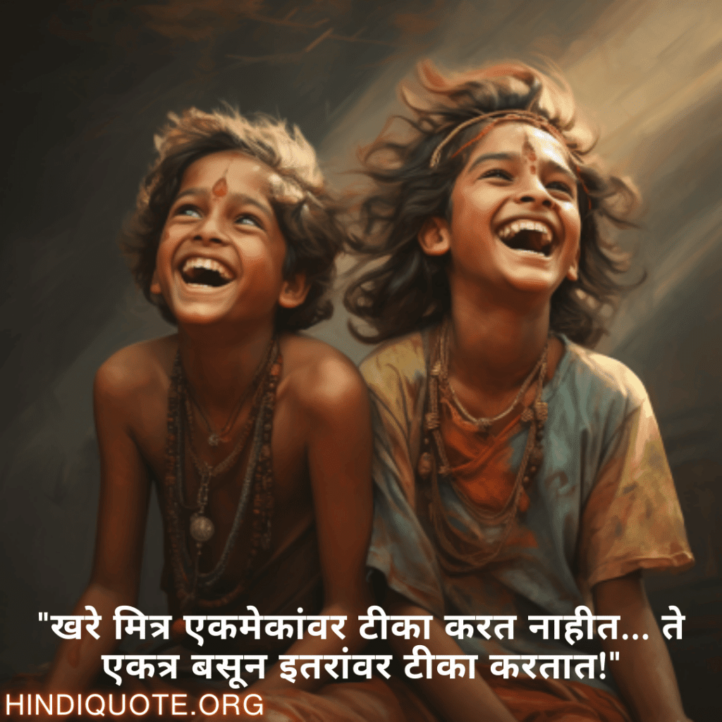 Funny Quotes In Marathi For Friends "खरे मित्र एकमेकांवर टीका करत नाहीत… ते एकत्र बसून इतरांवर टीका करतात!"