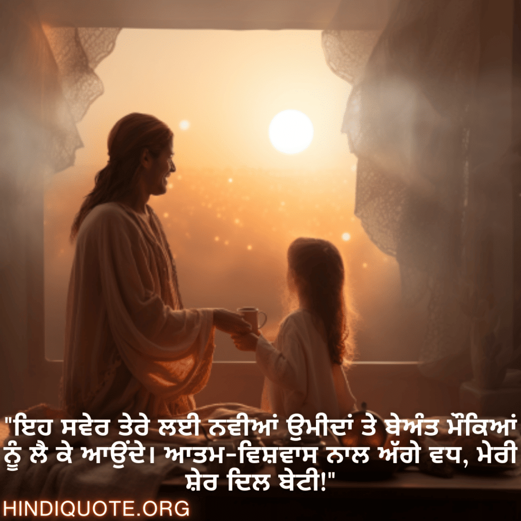 Good morning Wishes In Punjabi For Your Daughter "ਇਹ ਸਵੇਰ ਤੇਰੇ ਲਈ ਨਵੀਆਂ ਉਮੀਦਾਂ ਤੇ ਬੇਅੰਤ ਮੌਕਿਆਂ ਨੂੰ ਲੈ ਕੇ ਆਉਂਦੇ। ਆਤਮ-ਵਿਸ਼ਵਾਸ ਨਾਲ ਅੱਗੇ ਵਧ, ਮੇਰੀ ਸ਼ੇਰ ਦਿਲ ਬੇਟੀ!"