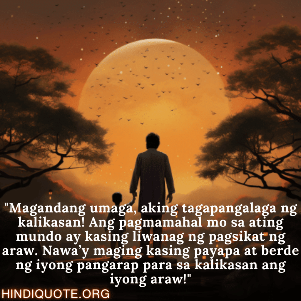 Good morning Quotes Tagalog For Your Uncle "Magandang umaga, aking tagapangalaga ng kalikasan! Ang pagmamahal mo sa ating mundo ay kasing liwanag ng pagsikat ng araw. Nawa’y maging kasing payapa at berde ng iyong pangarap para sa kalikasan ang iyong araw!"