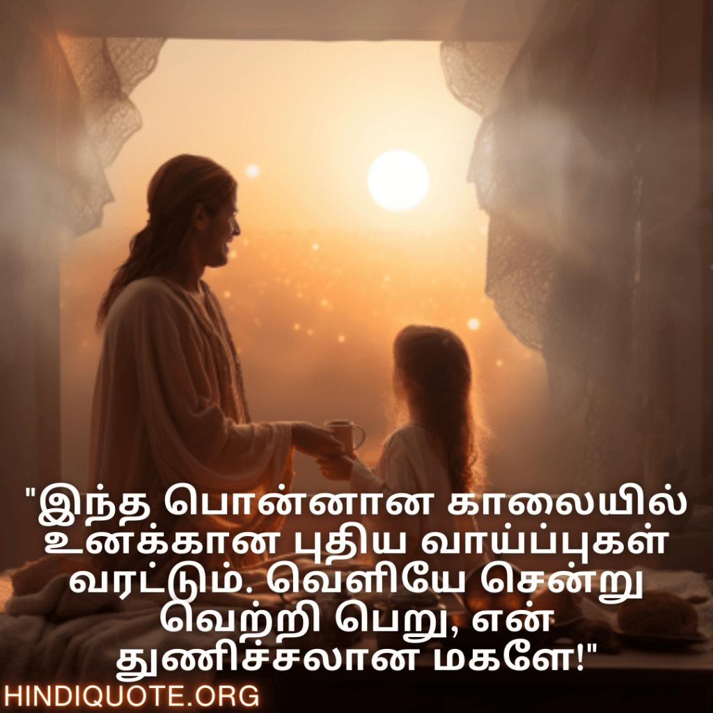 Good morning Wishes In Tamil For Your Daughter "இந்த பொன்னான காலையில் உனக்கான புதிய வாய்ப்புகள் வரட்டும். வெளியே சென்று வெற்றி பெறு, என் துணிச்சலான மகளே!"