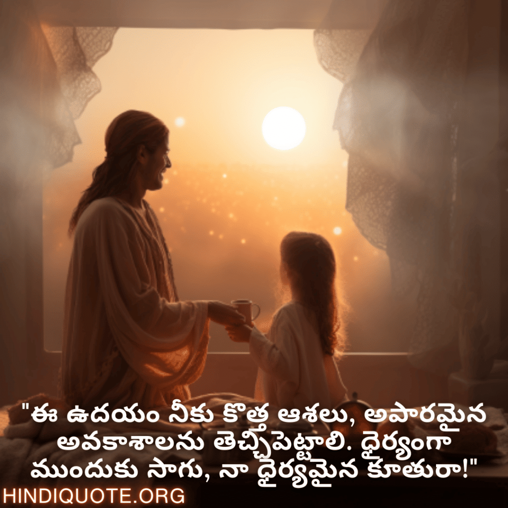 Good morning Wishes In Telugu For Your Daughter "ఈ ఉదయం నీకు కొత్త ఆశలు, అపారమైన అవకాశాలను తెచ్చిపెట్టాలి. ధైర్యంగా ముందుకు సాగు, నా ధైర్యమైన కూతురా!"