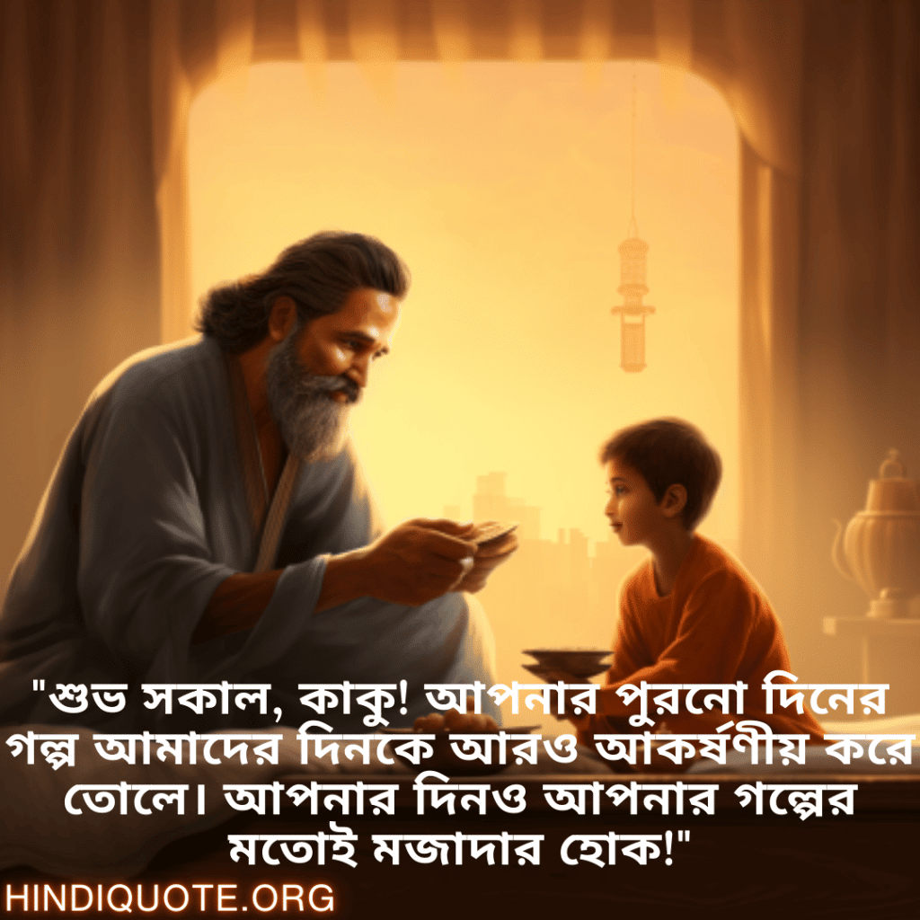Good morning Wishes In Bengali For Your Uncle "শুভ সকাল, কাকু! আপনার পুরনো দিনের গল্প আমাদের দিনকে আরও আকর্ষণীয় করে তোলে। আপনার দিনও আপনার গল্পের মতোই মজাদার হোক!"