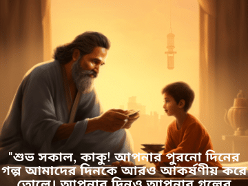 Good morning Wishes In Bengali For Your Uncle "শুভ সকাল, কাকু! আপনার পুরনো দিনের গল্প আমাদের দিনকে আরও আকর্ষণীয় করে তোলে। আপনার দিনও আপনার গল্পের মতোই মজাদার হোক!"