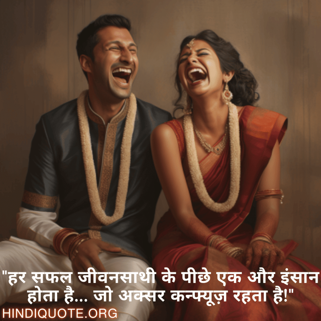 Funny Shayaris For Your Spouse "हर सफल जीवनसाथी के पीछे एक और इंसान होता है… जो अक्सर कन्फ्यूज़ रहता है!"