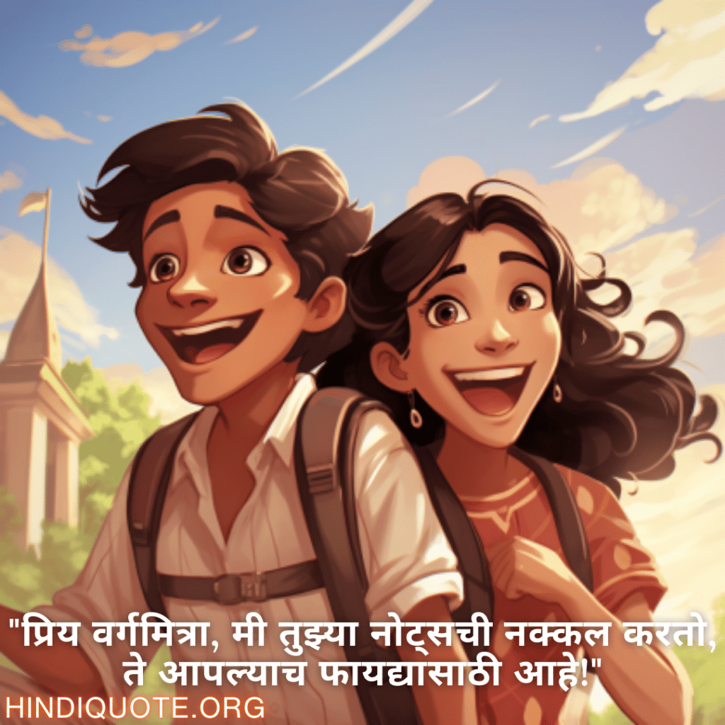Funny Quotes In Marathi For Your Classmate "प्रिय वर्गमित्रा, मी तुझ्या नोट्सची नक्कल करतो, ते आपल्याच फायद्यासाठी आहे!"