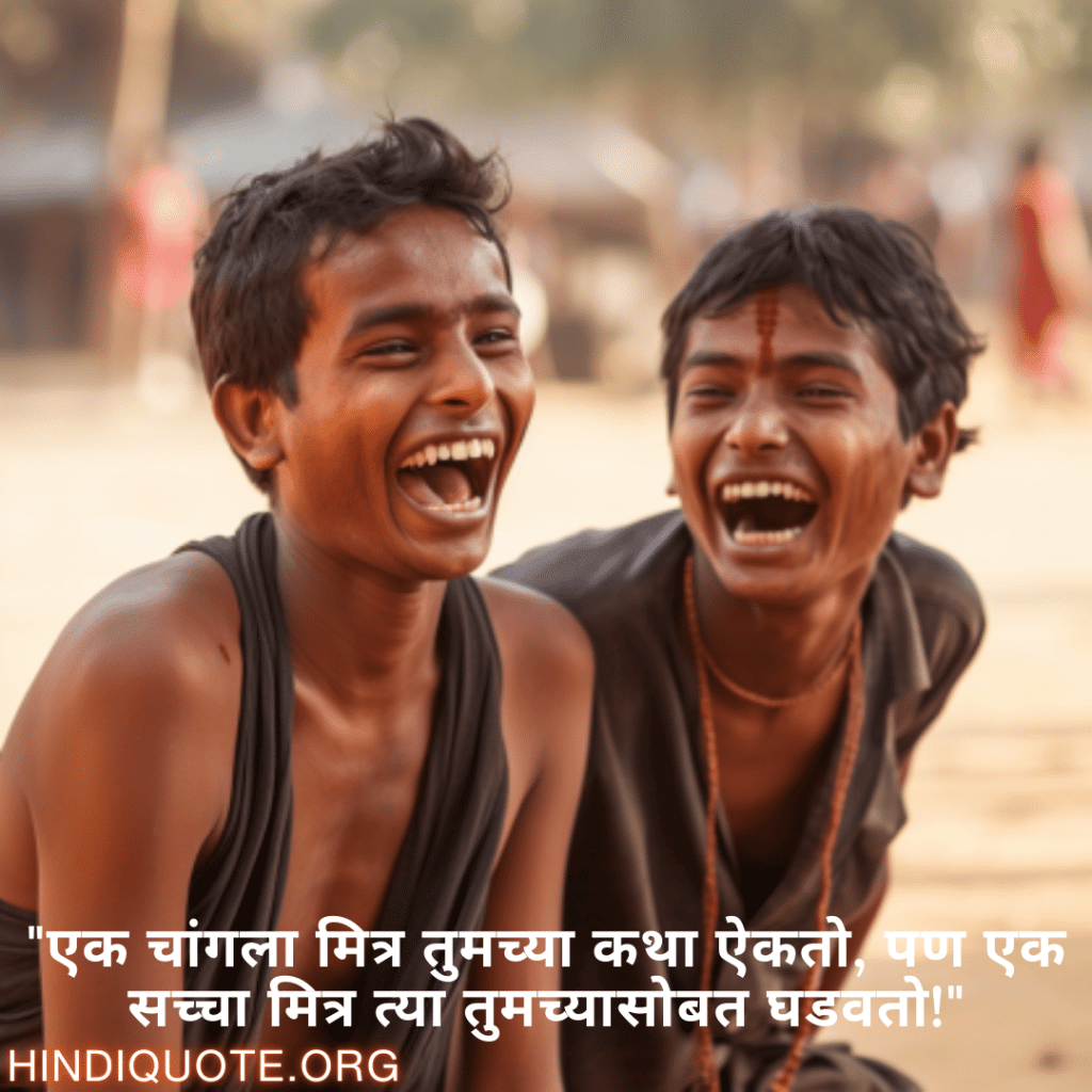Funny Quotes In Marathi For Friends "एक चांगला मित्र तुमच्या कथा ऐकतो, पण एक सच्चा मित्र त्या तुमच्यासोबत घडवतो!"