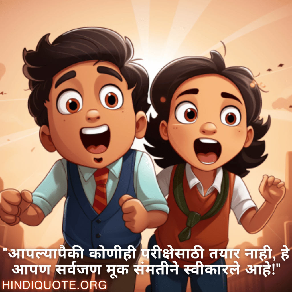 Funny Quotes In Marathi For Your Classmate "आपल्यापैकी कोणीही परीक्षेसाठी तयार नाही, हे आपण सर्वजण मूक संमतीने स्वीकारले आहे!"