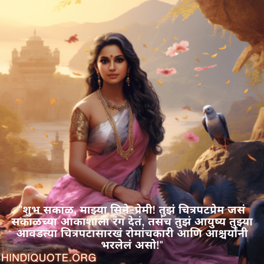 "शुभ सकाळ, माझ्या सिने-प्रेमी! तुझं चित्रपटप्रेम जसं सकाळच्या आकाशाला रंग देतं, तसंच तुझं आयुष्य तुझ्या आवडत्या चित्रपटासारखं रोमांचकारी आणि आश्चर्यांनी भरलेलं असो!"