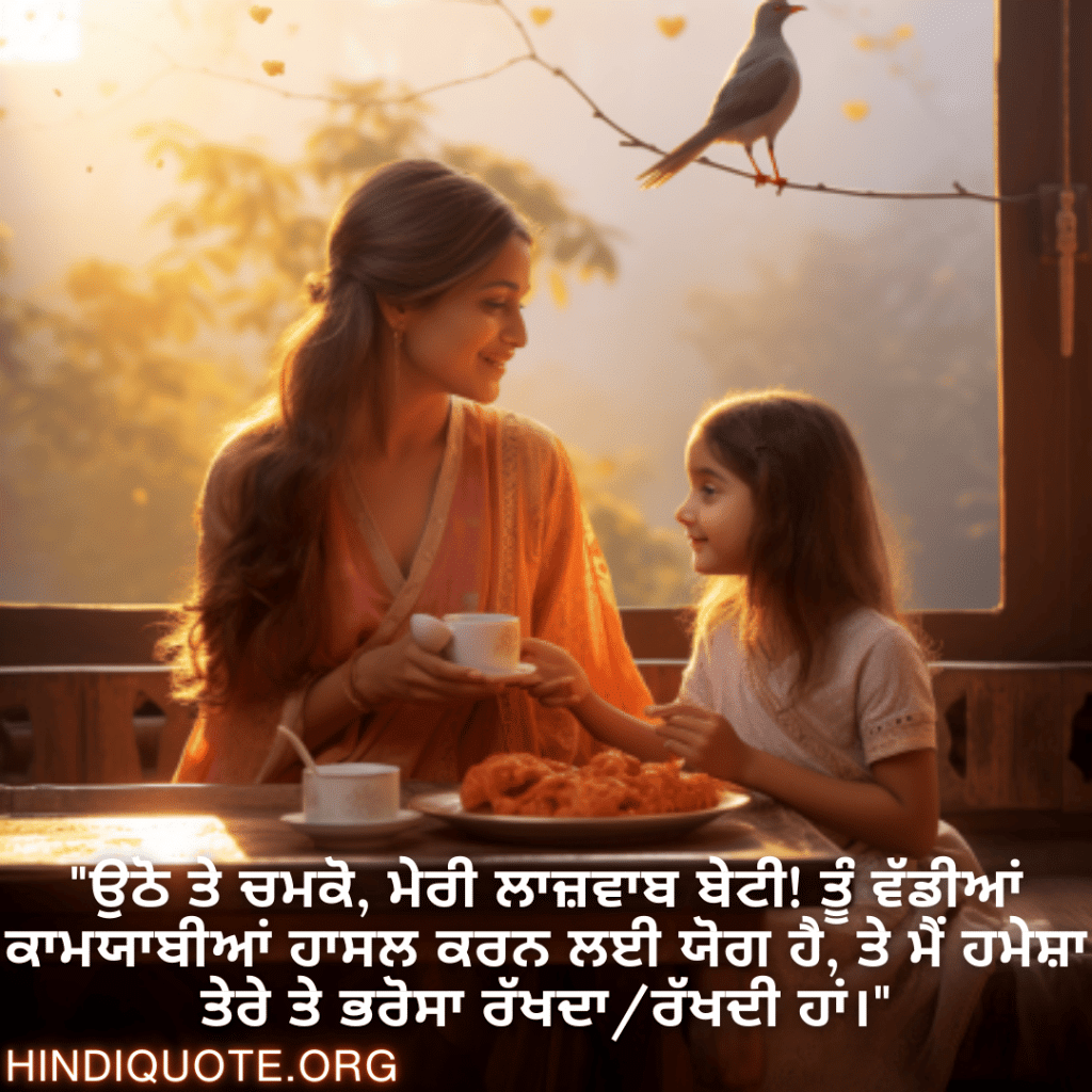 "ਉਠੋ ਤੇ ਚਮਕੋ, ਮੇਰੀ ਲਾਜ਼ਵਾਬ ਬੇਟੀ! ਤੂੰ ਵੱਡੀਆਂ ਕਾਮਯਾਬੀਆਂ ਹਾਸਲ ਕਰਨ ਲਈ ਯੋਗ ਹੈ, ਤੇ ਮੈਂ ਹਮੇਸ਼ਾ ਤੇਰੇ ਤੇ ਭਰੋਸਾ ਰੱਖਦਾ/ਰੱਖਦੀ ਹਾਂ।"