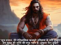 "शुभ प्रभात, मेरे ऐतिहासिक खजाने! इतिहास के प्रति तुम्हारा प्रेम सुबह की शांति की तरह गहरा है। तुम्हारा दिन तुम्हारे पसंदीदा ऐतिहासिक युग की तरह ज्ञान और रहस्यों से भरा हो!"