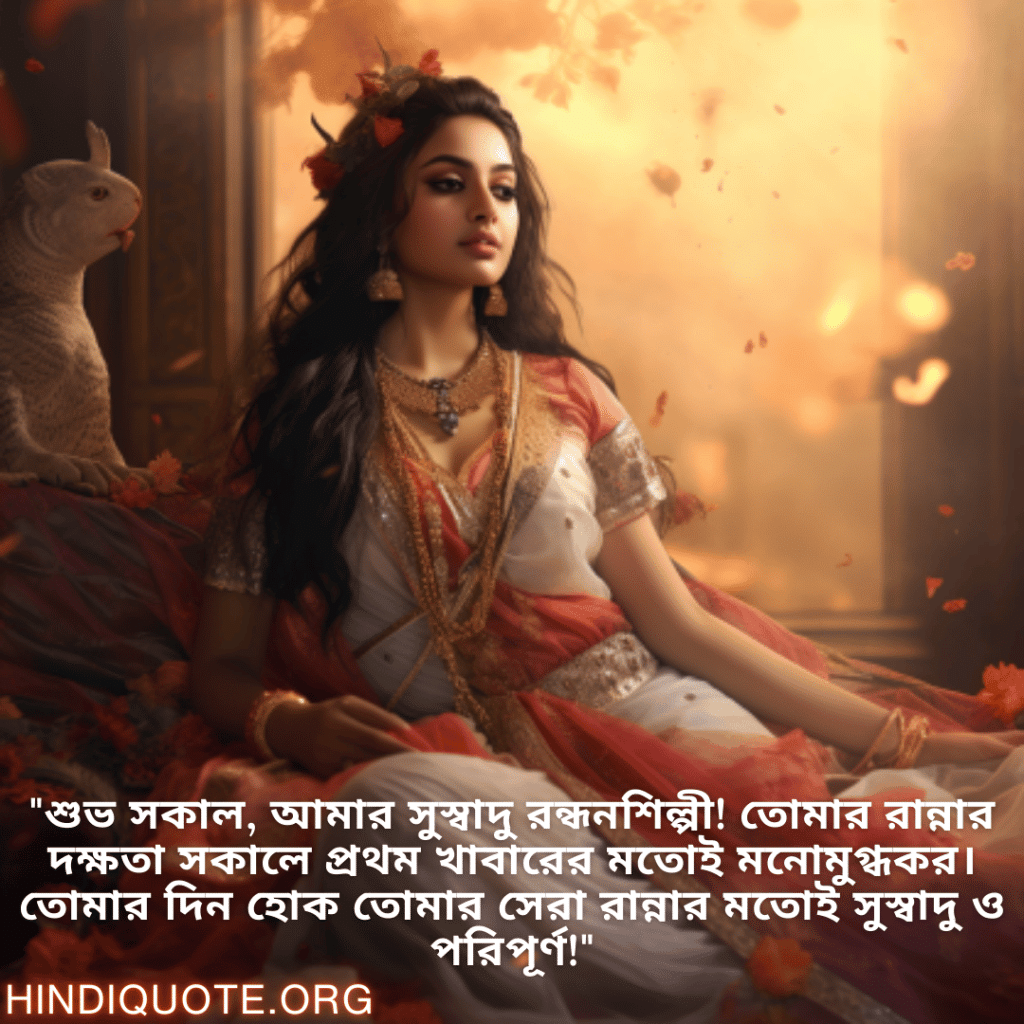 "শুভ সকাল, আমার সুস্বাদু রন্ধনশিল্পী! তোমার রান্নার দক্ষতা সকালে প্রথম খাবারের মতোই মনোমুগ্ধকর। তোমার দিন হোক তোমার সেরা রান্নার মতোই সুস্বাদু ও পরিপূর্ণ!"