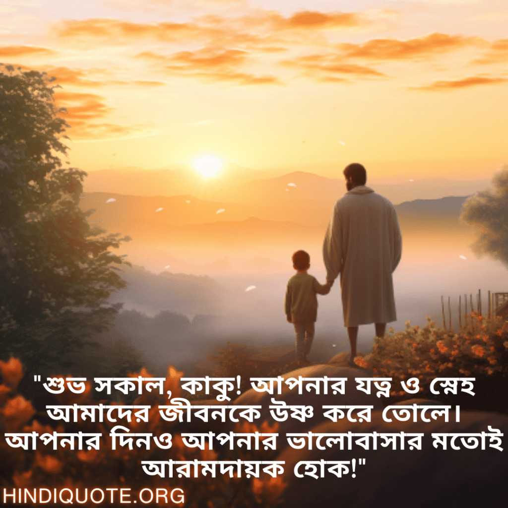 "শুভ সকাল, কাকু! আপনার যত্ন ও স্নেহ আমাদের জীবনকে উষ্ণ করে তোলে। আপনার দিনও আপনার ভালোবাসার মতোই আরামদায়ক হোক!"