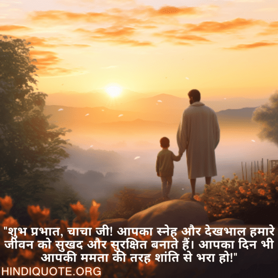 "शुभ प्रभात, चाचा जी! आपका स्नेह और देखभाल हमारे जीवन को सुखद और सुरक्षित बनाते हैं। आपका दिन भी आपकी ममता की तरह शांति से भरा हो!"