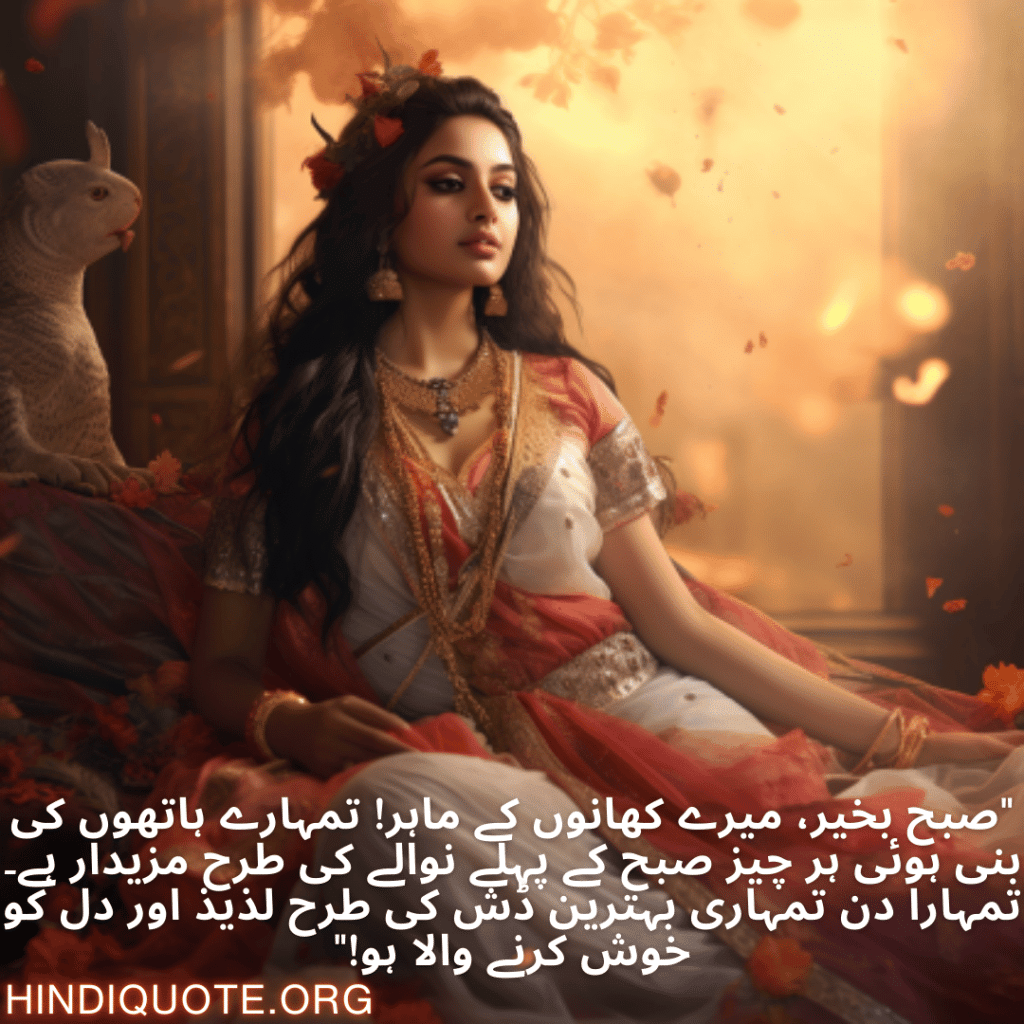 "صبح بخیر، میرے کھانوں کے ماہر! تمہارے ہاتھوں کی بنی ہوئی ہر چیز صبح کے پہلے نوالے کی طرح مزیدار ہے۔ تمہارا دن تمہاری بہترین ڈش کی طرح لذیذ اور دل کو خوش کرنے والا ہو!"