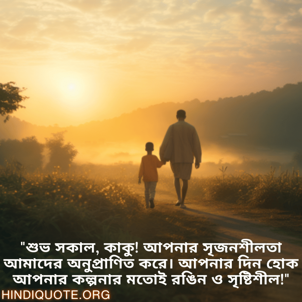 "শুভ সকাল, কাকু! আপনার সৃজনশীলতা আমাদের অনুপ্রাণিত করে। আপনার দিন হোক আপনার কল্পনার মতোই রঙিন ও সৃষ্টিশীল!"