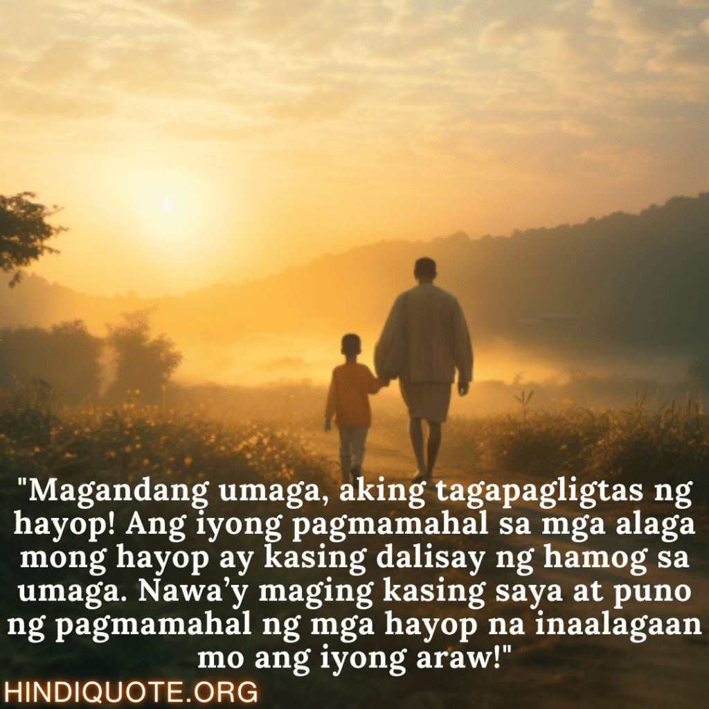 "Magandang umaga, aking tagapagligtas ng hayop! Ang iyong pagmamahal sa mga alaga mong hayop ay kasing dalisay ng hamog sa umaga. Nawa’y maging kasing saya at puno ng pagmamahal ng mga hayop na inaalagaan mo ang iyong araw!"