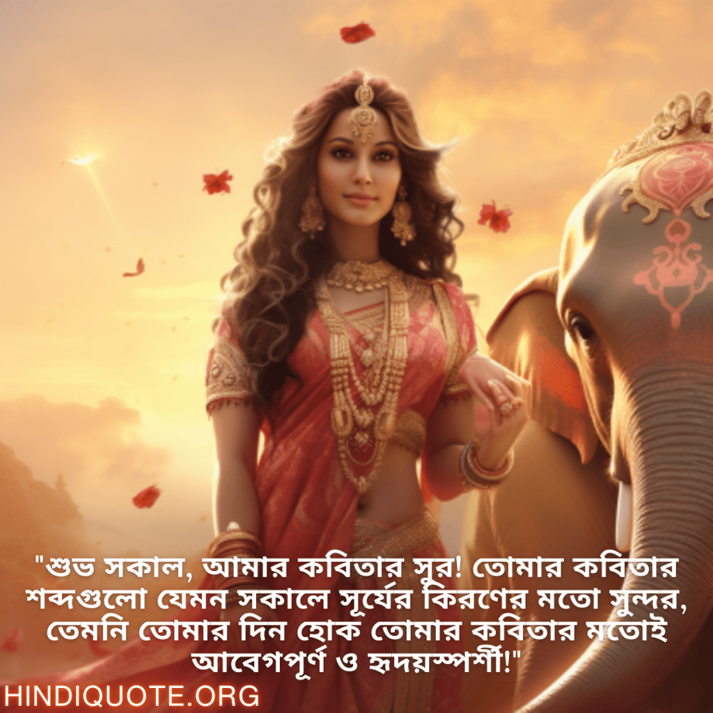"শুভ সকাল, আমার কবিতার সুর! তোমার কবিতার শব্দগুলো যেমন সকালে সূর্যের কিরণের মতো সুন্দর, তেমনি তোমার দিন হোক তোমার কবিতার মতোই আবেগপূর্ণ ও হৃদয়স্পর্শী!"