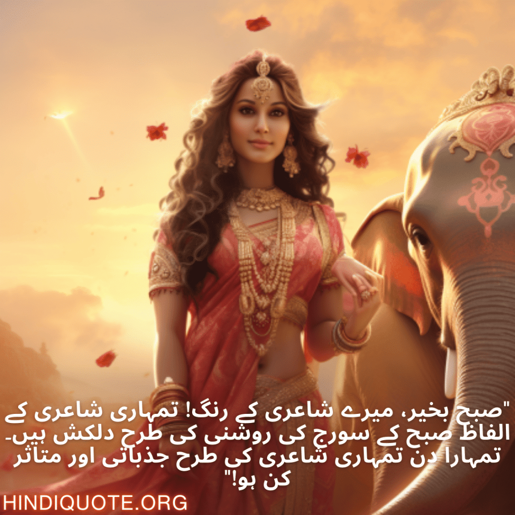 "صبح بخیر، میرے شاعری کے رنگ! تمہاری شاعری کے الفاظ صبح کے سورج کی روشنی کی طرح دلکش ہیں۔ تمہارا دن تمہاری شاعری کی طرح جذباتی اور متاثر کن ہو!"
