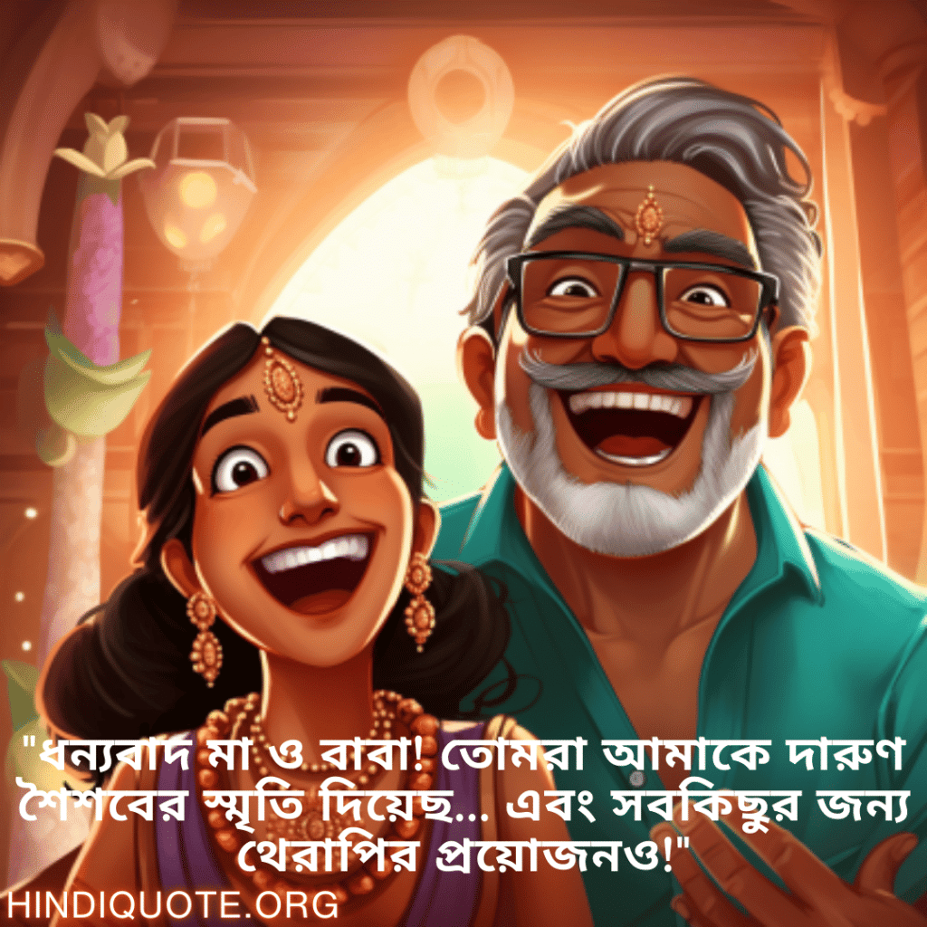 "ধন্যবাদ মা ও বাবা! তোমরা আমাকে দারুণ শৈশবের স্মৃতি দিয়েছ... এবং সবকিছুর জন্য থেরাপির প্রয়োজনও!"