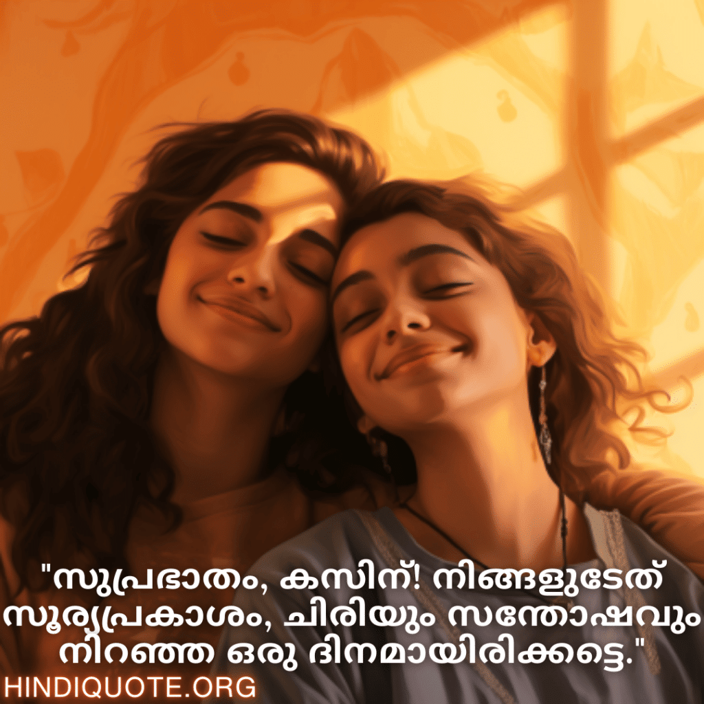 Good morning Wishes In Malayalam For Your Cousin "സുപ്രഭാതം, കസിന്‍! നിങ്ങളുടേത് സൂര്യപ്രകാശം, ചിരിയും സന്തോഷവും നിറഞ്ഞ ഒരു ദിനമായിരിക്കട്ടെ."
