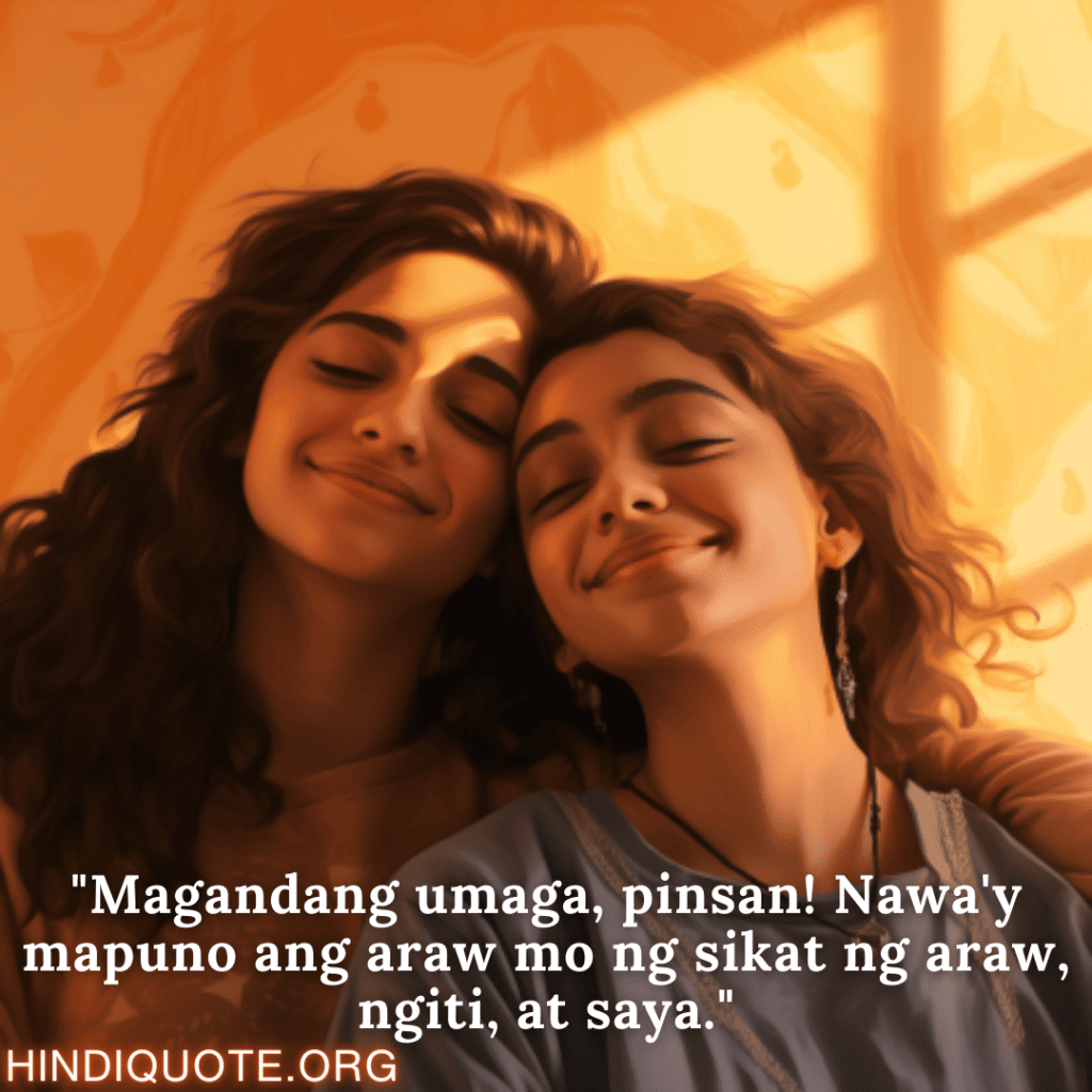 Good morning Quotes Tagalog For Your Cousin "Magandang umaga, pinsan! Nawa'y mapuno ang araw mo ng sikat ng araw, ngiti, at saya."