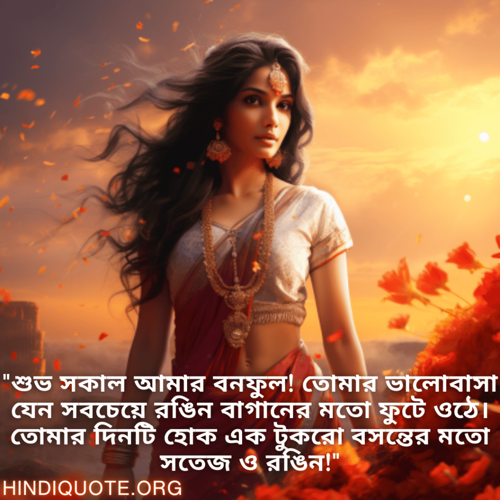 Good morning Quotes In Bengali For Your Girlfriend "শুভ সকাল আমার বনফুল! তোমার ভালোবাসা যেন সবচেয়ে রঙিন বাগানের মতো ফুটে ওঠে। তোমার দিনটি হোক এক টুকরো বসন্তের মতো সতেজ ও রঙিন!"