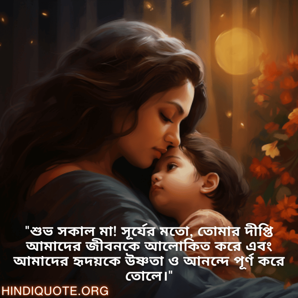 Good morning Wishes In Bengali For Your Mother "শুভ সকাল মা! সূর্যের মতো, তোমার দীপ্তি আমাদের জীবনকে আলোকিত করে এবং আমাদের হৃদয়কে উষ্ণতা ও আনন্দে পূর্ণ করে তোলে।"