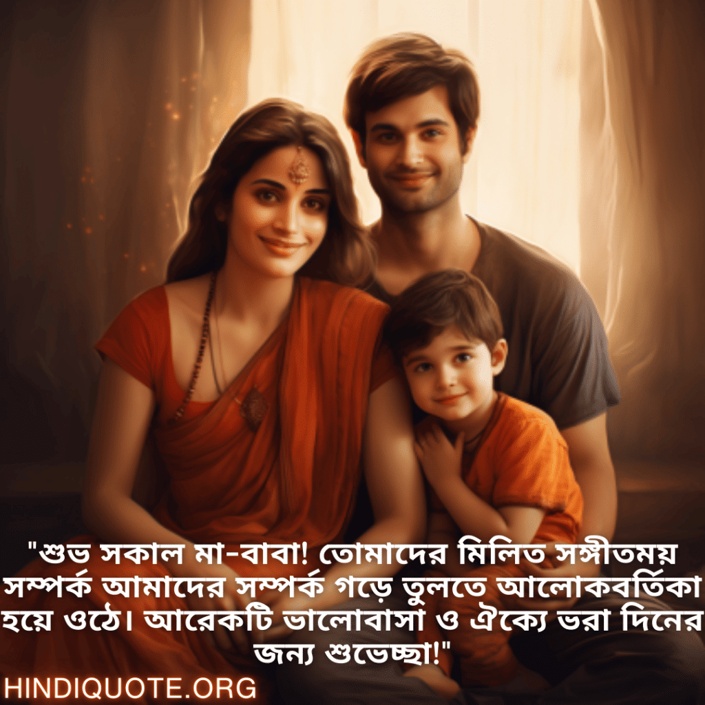 Good morning Wishes In Bengali For Your Parents "শুভ সকাল মা-বাবা! তোমাদের মিলিত সঙ্গীতময় সম্পর্ক আমাদের সম্পর্ক গড়ে তুলতে আলোকবর্তিকা হয়ে ওঠে। আরেকটি ভালোবাসা ও ঐক্যে ভরা দিনের জন্য শুভেচ্ছা!"