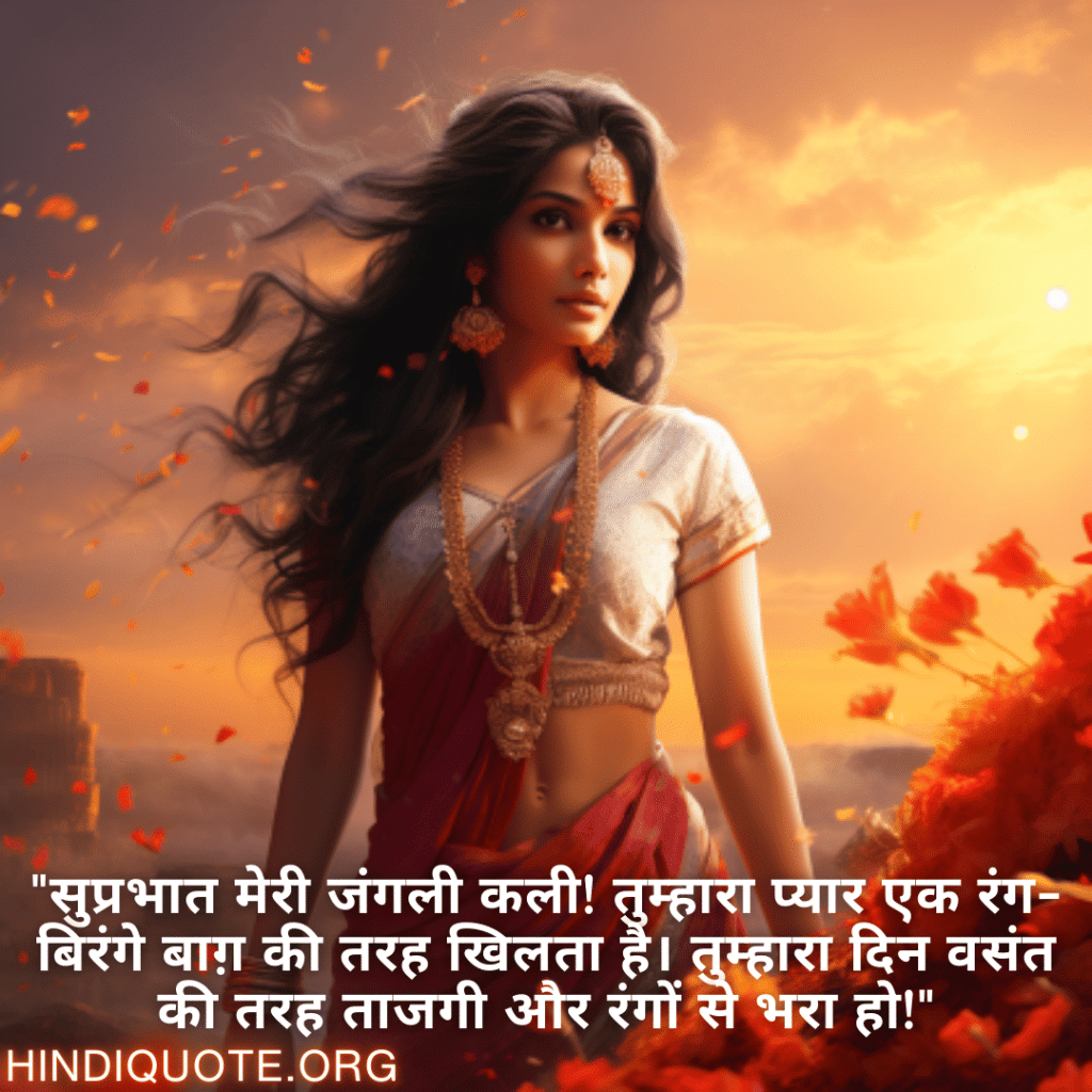 Good morning Shayari in Hindi For Your Girlfriend "सुप्रभात मेरी जंगली कली! तुम्हारा प्यार एक रंग-बिरंगे बाग़ की तरह खिलता है। तुम्हारा दिन वसंत की तरह ताजगी और रंगों से भरा हो!"