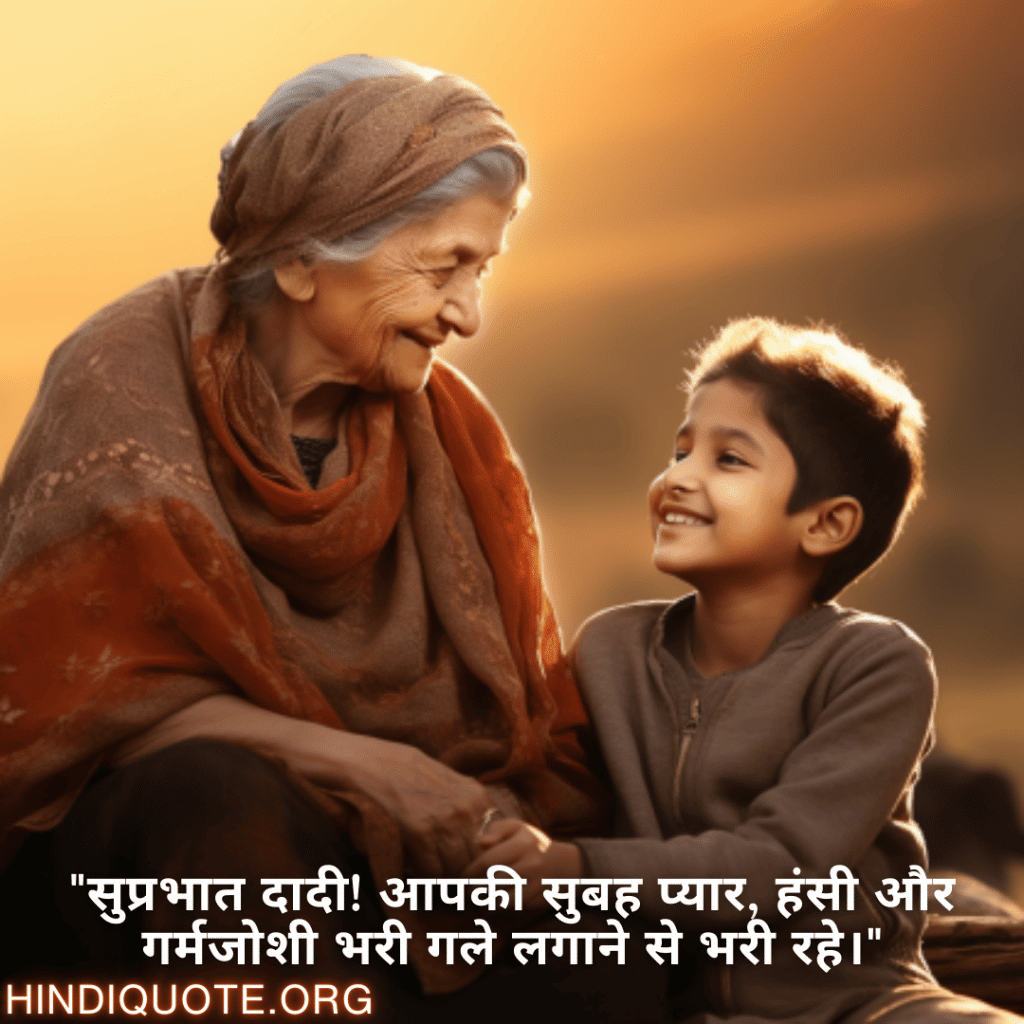 Good morning Shayari in Hindi For Your Grandmother "सुप्रभात दादी! आपकी सुबह प्यार, हंसी और गर्मजोशी भरी गले लगाने से भरी रहे।"
