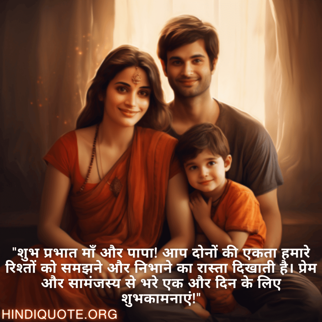 "शुभ प्रभात माँ और पापा! आप दोनों की एकता हमारे रिश्तों को समझने और निभाने का रास्ता दिखाती है। प्रेम और सामंजस्य से भरे एक और दिन के लिए शुभकामनाएं!"