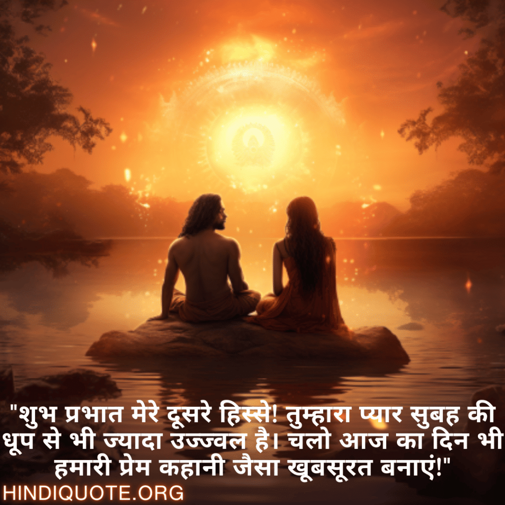 Good morning Shayari For Your Soulmate "शुभ प्रभात मेरे दूसरे हिस्से! तुम्हारा प्यार सुबह की धूप से भी ज्यादा उज्ज्वल है। चलो आज का दिन भी हमारी प्रेम कहानी जैसा खूबसूरत बनाएं!"